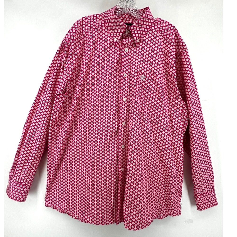 Ariat Mens Pink White Geometric Medallion Cotton Western Button Down Shirt L